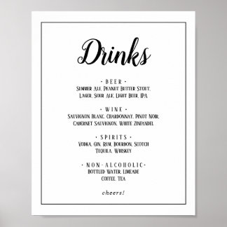 Poster Sinal de Quadro do Menu de Bebidas Casamentosas Mi