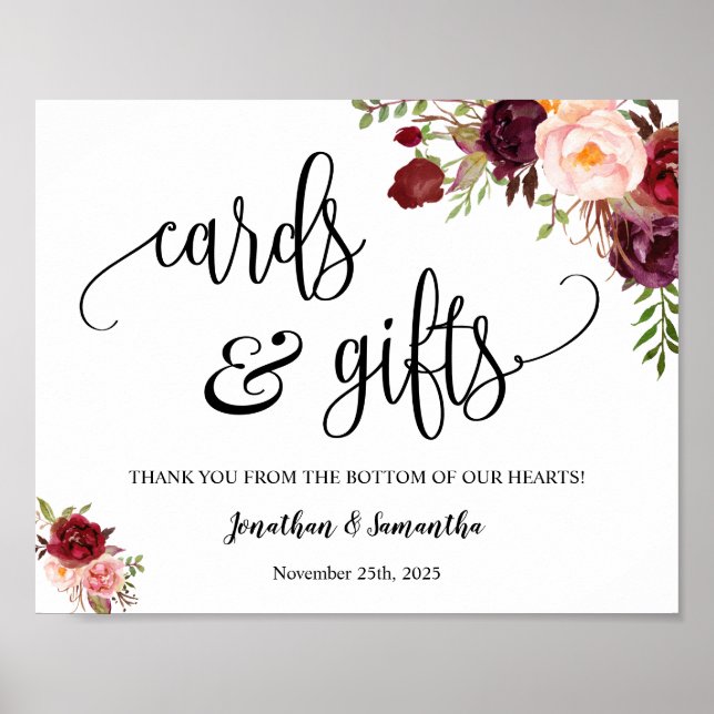 Poster Sinal de recepção de casamento boho marsala Cartõe (Frente)