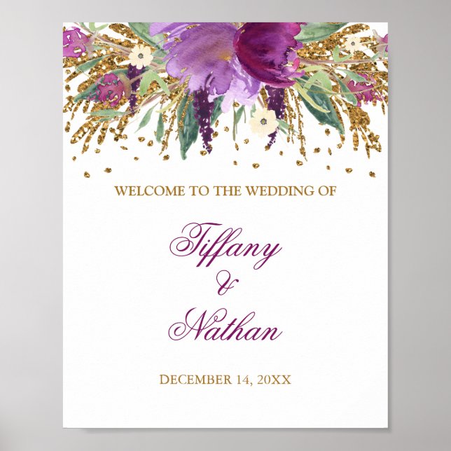 Póster Sinal de Recepção de Casamento Brilho Roxo Ametist (Frente)