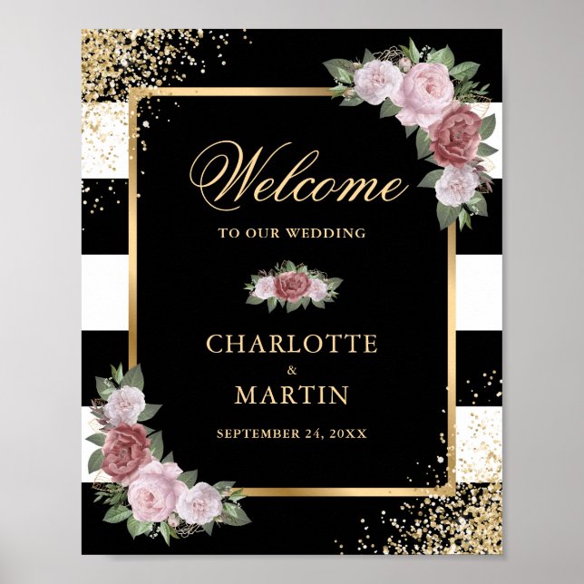Poster Sinal de Recepção de casamento Floral Dourado Pret (Frente)