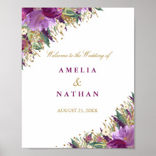 Poster Sinal de Recepção de Casamento Floral Roxo Brilho