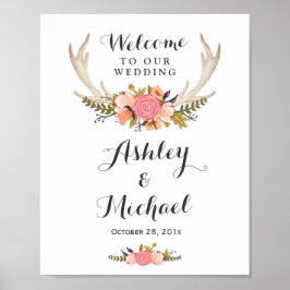 Poster Sinal de Recepção de casamento Floral Rustic Deer 