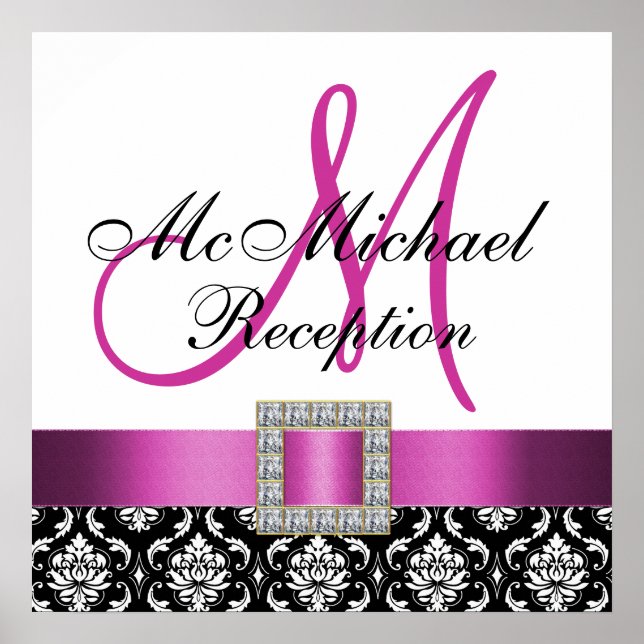 Póster Sinal de recepção do Casamento tema damasco preto- (Frente)