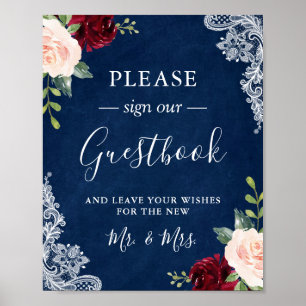 Poster Sinal de Registro de Casamento em Renda Floral Azu