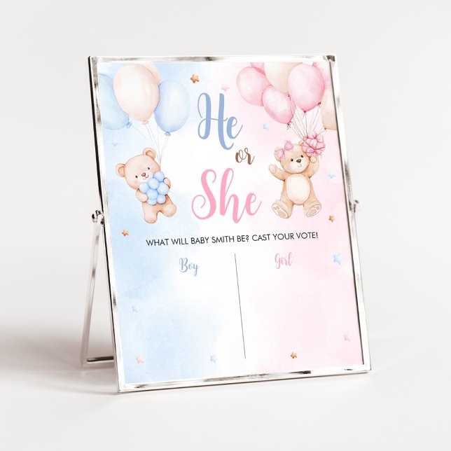 Poster Sinal de Revelação de Gênero Balão de Urso (Bear Balloon He or She Gender Reveal Voting Sign)