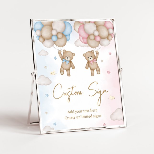 Poster Sinal de Revelação de Gênero do Urso Ele ou Ela (Bear Balloon He or She Gender Reveal Custom Sign)