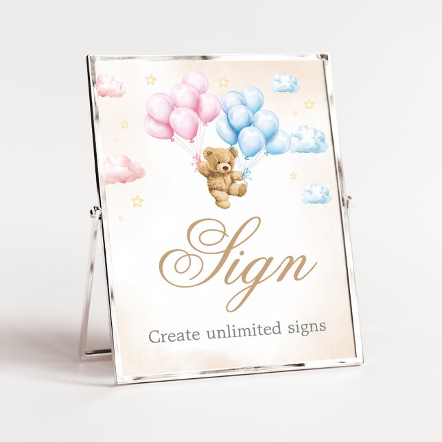 Poster Sinal de Revelação de Gênero do Urso Mal Podemos E (Bear Balloon He or She Gender Reveal Custom Sign)
