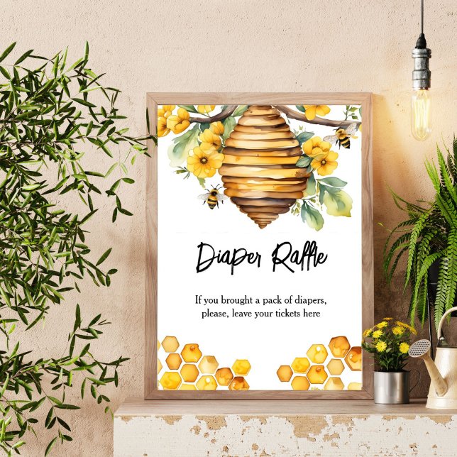Poster Sinal de rifa de chá de fraldas de abelhas dos pai (Parents to bee honey bee baby shower diaper raffle sign table sign beehive yellow flowers)