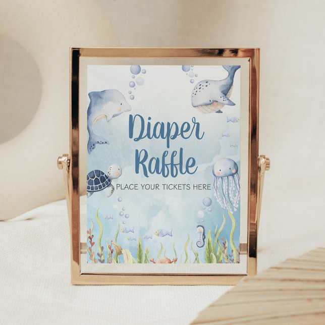 Poster Sinal de Rifas de Fraldas para Chá de Bebê Azul So (Under the Sea Baby Shower Sign
)