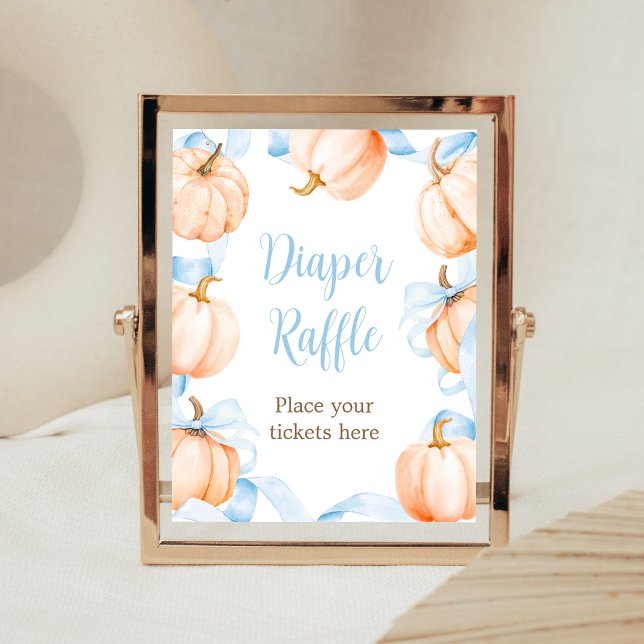 Poster Sinal de Rifas de Fraldas para Chás de Bebê com Ar (Boy Bow Pumpkin Baby Shower Diaper Raffle SIgn)