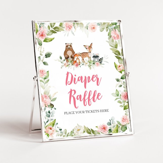 Poster Sinal de Rifas de Fraldas para Chás de Bebê Flores (Girl Woodland Animals Baby Shower Diaper Raffle Sign)