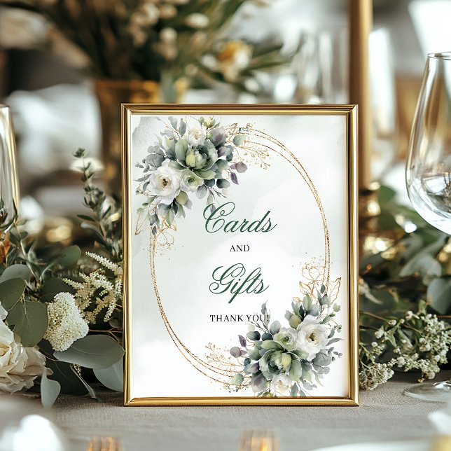 Poster Sinal de Romance Suave com Verde e Cartões e Prese (Soft Romance Greenery and Gold Cards and Gifts Sign)