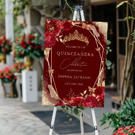 Poster Sinal de Rosa Floral Dourado Vermelho Quinceanera