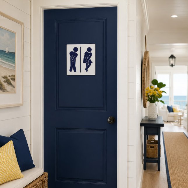 Poster Sinal de sala engraçado (Funny navy restroom sign displayed on a coastal bathroom door with bright seaside decor.)
