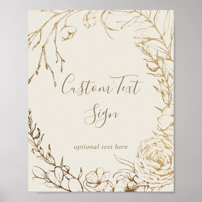 Poster Sinal de Texto Personalizado com Floral Dourada e  (Frente)