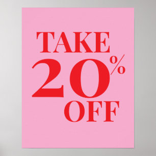 Poster Sinal de Venda com 20% de Desconto, Rosa e Vermelh