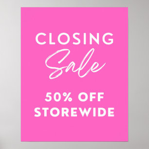 Poster Sinal de Venda de Fechamento da Loja Rosa, 50% Des
