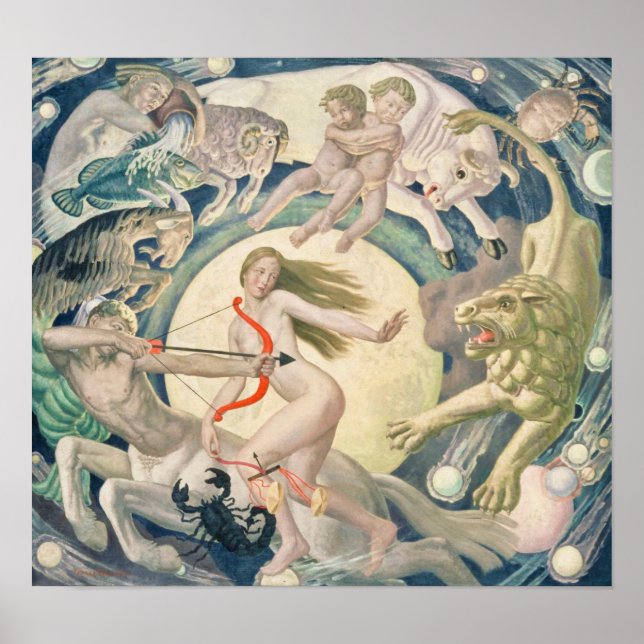 Poster Sinal de Zodiac Mapa Celestial de Vintagem (Frente)