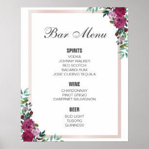 Poster sinal do MENU do bar Borgundy floral bar de ca