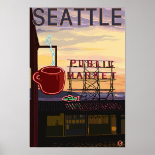 Póster Sinal do mercado do lugar de SeattlePike e opiniã