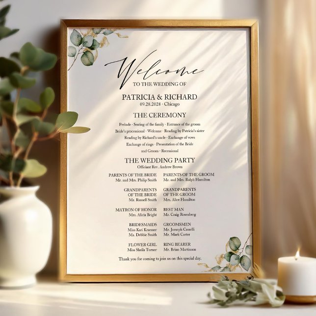 Poster Sinal do Programa de Casamento Verde Dourado Elega (Criador carregado)