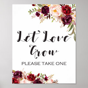 Poster Sinal Floral Boho Borgonha - Deixe o Amor Crescer