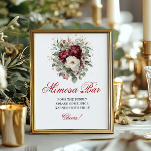 Poster Sinal Floral de Mimosa Burgundy Blush de Luxo Bar