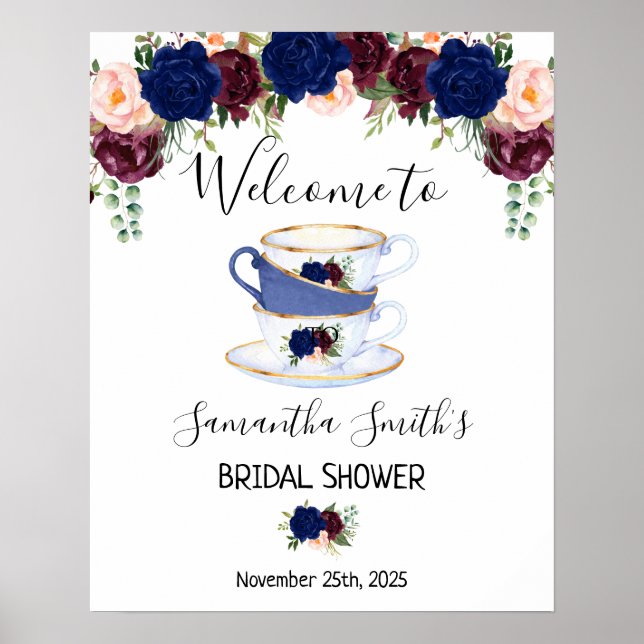 Poster Sinal floral de Tea chá de panela marinho marsala (Frente)