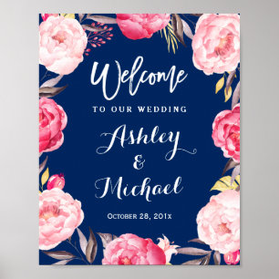 Poster Sinal floral do casamento da grinalda dos azuis