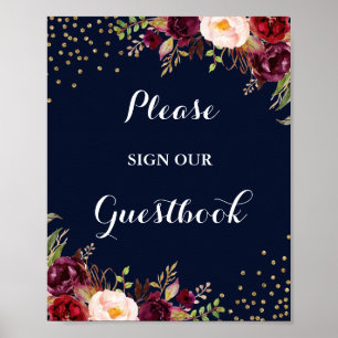 Poster Sinal floral do casamento do Guestbook do marinho