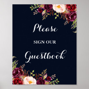 Póster Sinal floral do casamento do Guestbook do marinho