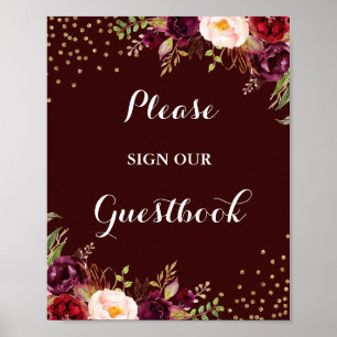 Póster Sinal floral Dourado do casamento do Guestbook de