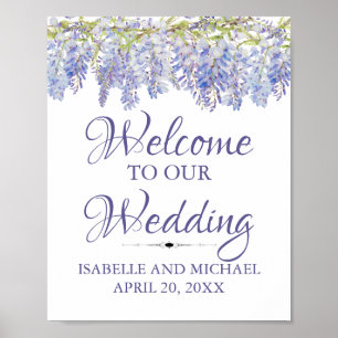 Poster Sinal floral roxo azul do casamento da boa vinda