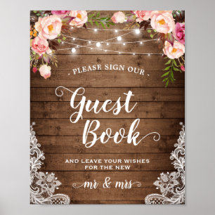 Póster Sinal Guestbook Luzes de Corda Floral Russa Lace