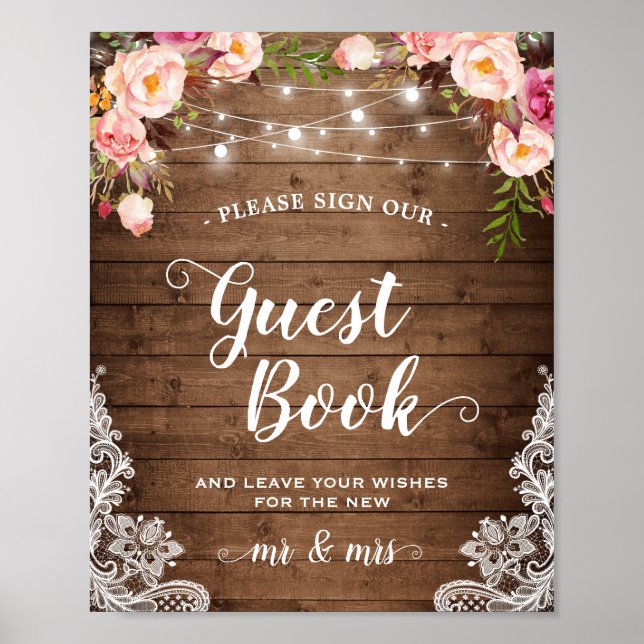 Póster Sinal Guestbook Luzes de Corda Floral Russa Lace (Frente)