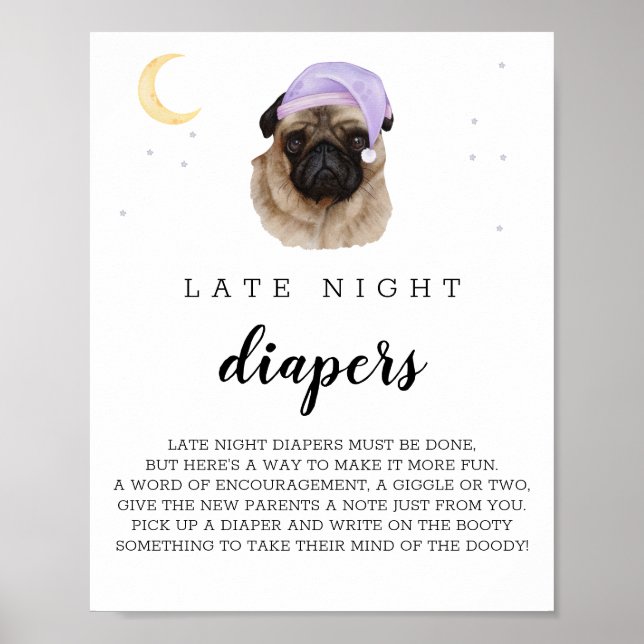 Poster Sinal Noite Fralda Pug Watercolor (Frente)