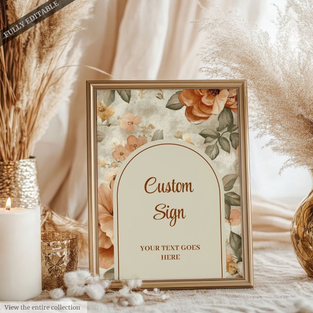 Poster Sinal Personalizado Clássico Terracota Marfim Oliv (Classic Terracotta Ivory Olive Floral Custom Wedding Sign)