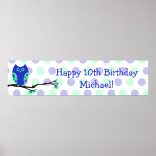Póster Sinal personalizado da coruja 10o aniversário azu
