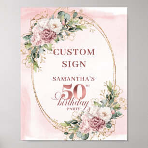 Poster Sinal Personalizado de Aniversário de 50 Anos Rose