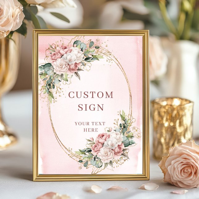 Poster Sinal Personalizado de Flores Elegantes em Aquarel (Elegant Watercolor Dusty Pink Flowers Custom Sign)
