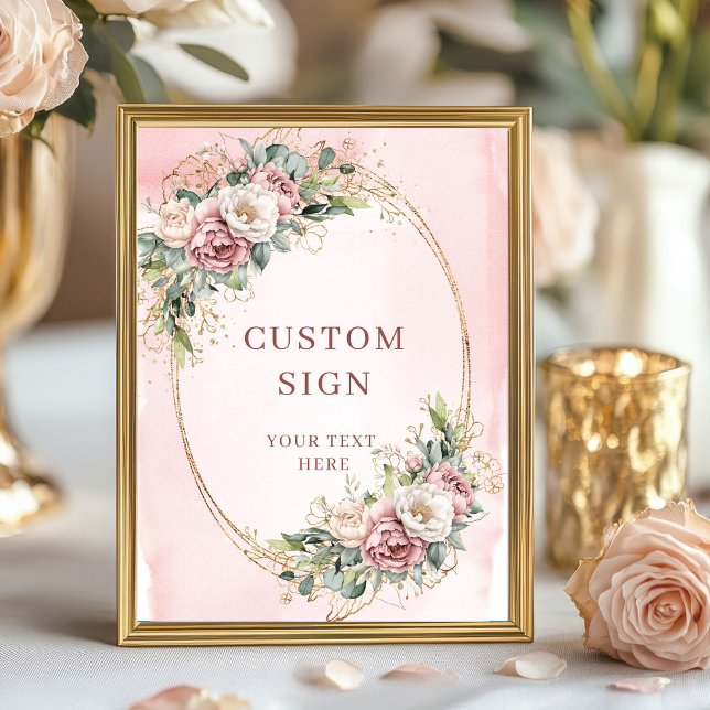 Poster Sinal Personalizado Flores Rosa Claro Boêmio Rústi (Rustic Bohemian Light Pink Flowers Custom Sign)