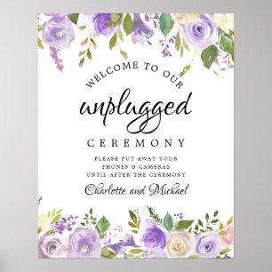 Poster Sinal Wedding desconectado floral roxo rústico