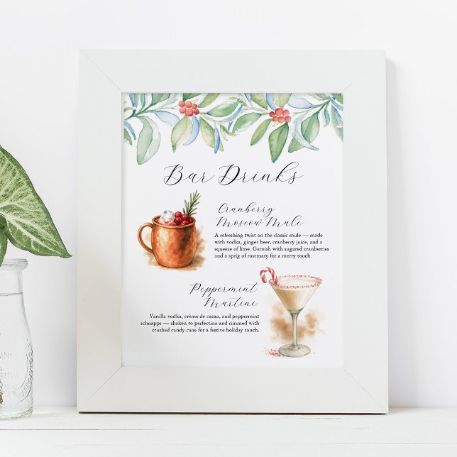 Poster Sinalização de Coquetel de Assinatura de Natal (Christmas Signature Cocktail Drink Signage with cranberry moscow mule and peppermint martini)