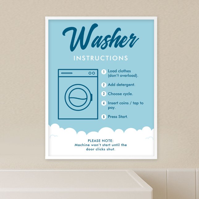 Poster Sinalização de Instruções de Lavadora para Lavande (Fully editable blue and white laundromat washer instructions poster template)