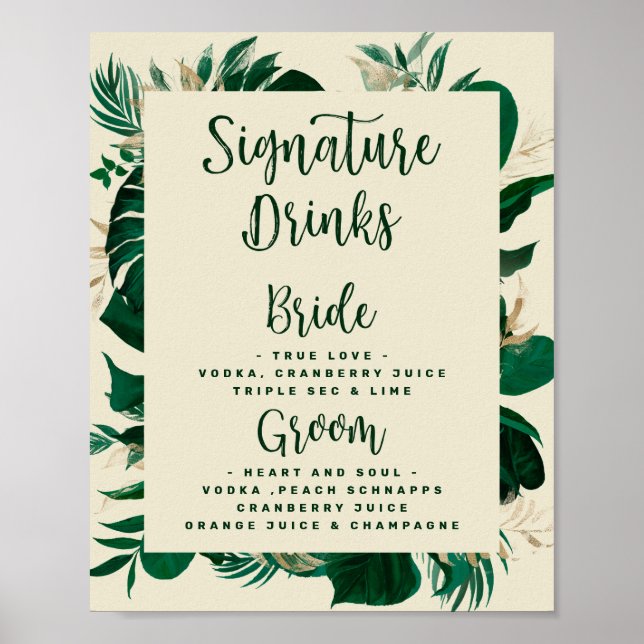 Poster Sinalização de Menu do Bar de Casamento com Drinks (Frente)