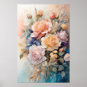 Poster Sinfonia rosa - Flores de Aquarela - Arte Floral