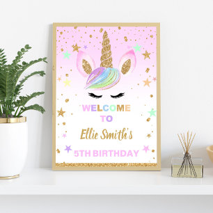 Poster Sing Unicorn de boas-vindas com brilho rosa