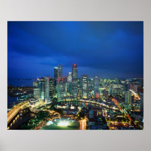 Póster Singapura Skyline à noite, Singapura