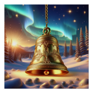 Póster Sino de Natal Dourado Cena de Inverno Nevado Brilh