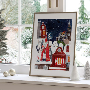 Poster Sinterklaas e Piet nos telhados de Amesterdã